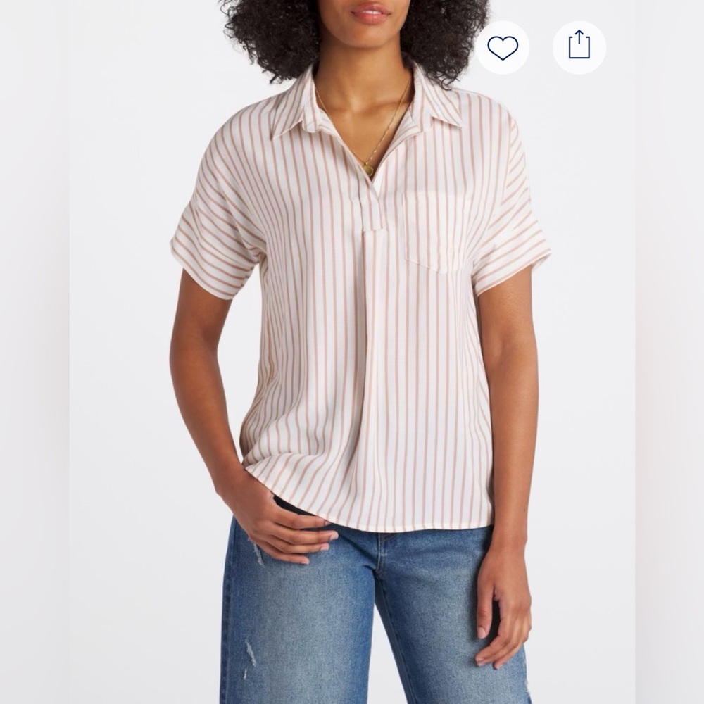 Papermoon Cream Short-Sleeve Button Down with Tan Stripes